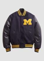 Michigan Black Wool and Black Leather Sleeve Letterman Varsity Bomber Jacket with M-Patch