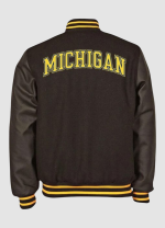 Michigan Black Wool and Black Leather Sleeve Letterman Varsity Bomber Jacket with M-Patch - Image 2