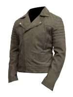 Mens Grey Suede Leather Motorcycle Jacket - Image 2