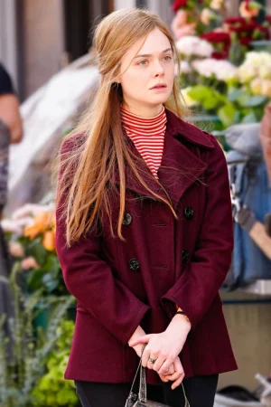 A COMPLETE UNKNOWN ELLE FANNING MAROON PEA COAT