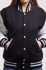 Black Wool Body White Leather Sleeves Varsity Jacket