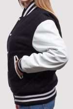 Black Wool Body White Leather Sleeves Varsity Jacket - Image 2