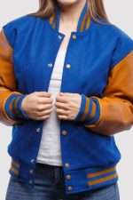 Bright Royal Wool Body Gold Leather Sleeves Varsity Jacket