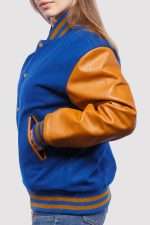 Bright Royal Wool Body Gold Leather Sleeves Varsity Jacket - Image 3
