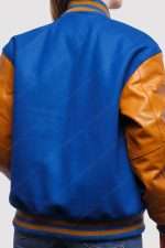 Bright Royal Wool Body Gold Leather Sleeves Varsity Jacket - Image 2