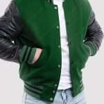 Kelly Green Wool Body Black Leather Sleeves Varsity Jacket