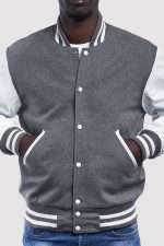 Light Grey Wool Body White Leather Sleeves Varsity Jacket