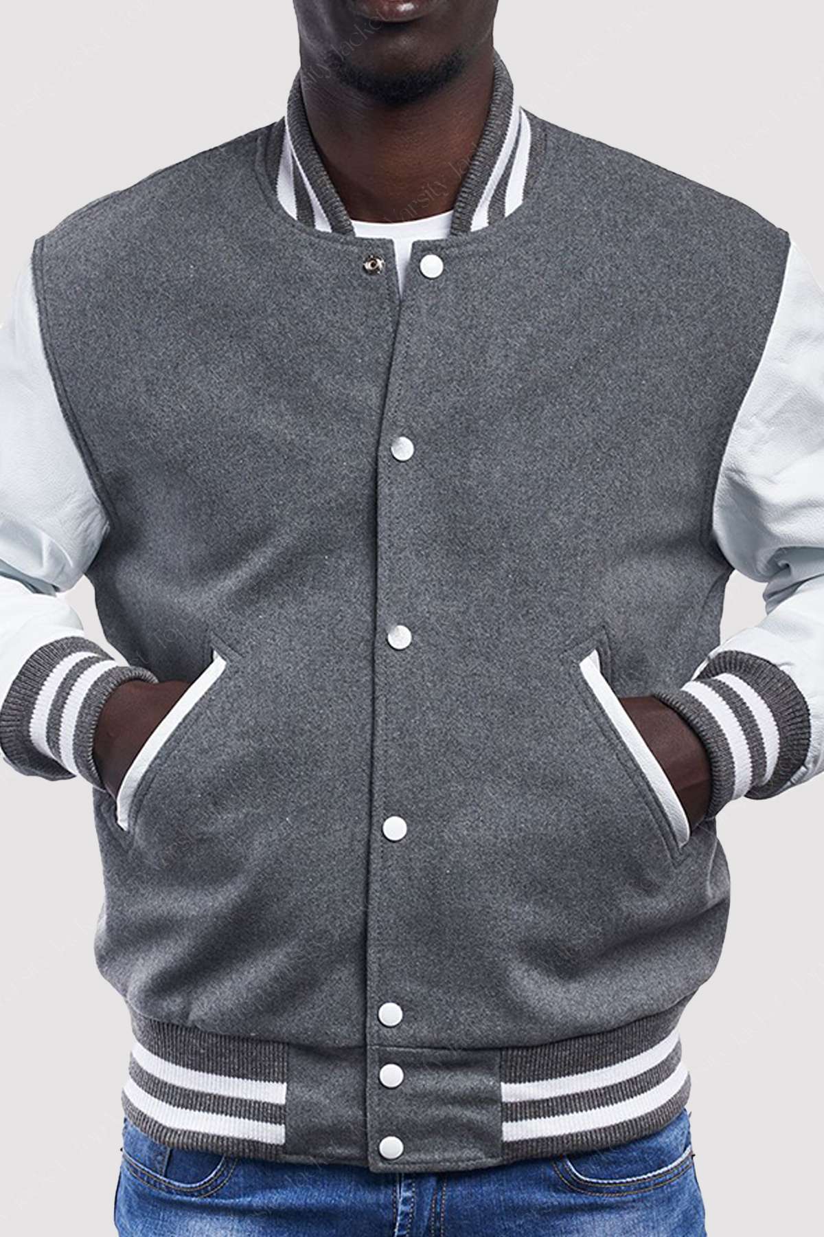 Light-Oxford-Wool-Body-_-Bright-White-Leather-Sleeves-Letterman-Jacket.jpg Light Grey Wool Body White Leather Sleeves Varsity Jacket - Image 1