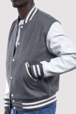 Light Grey Wool Body White Leather Sleeves Varsity Jacket - Image 2