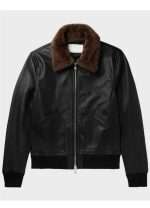 Brown Shearling Collar Black Leather Jacket