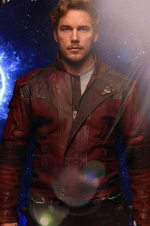 Front view of Chris Pratt Star Lord Leather Jacket showing zipper and fit.