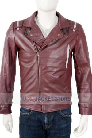 Front view of Travis Touchdown Jacket in red faux leather