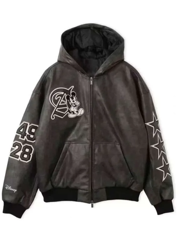 Disney-Mickey-Mouse-Where-Dreams-Come-True-Black-Bomber-Jacket 1 Disney Mickey Mouse Black Leather Jacket