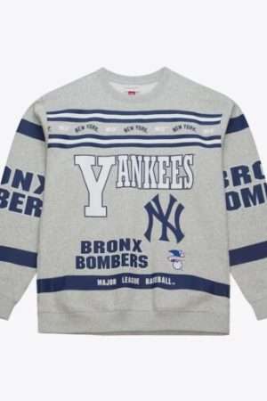 Men’s Heather Gray New York Yankees All Over Print Vintage Fleece Crewneck Sweatshirt